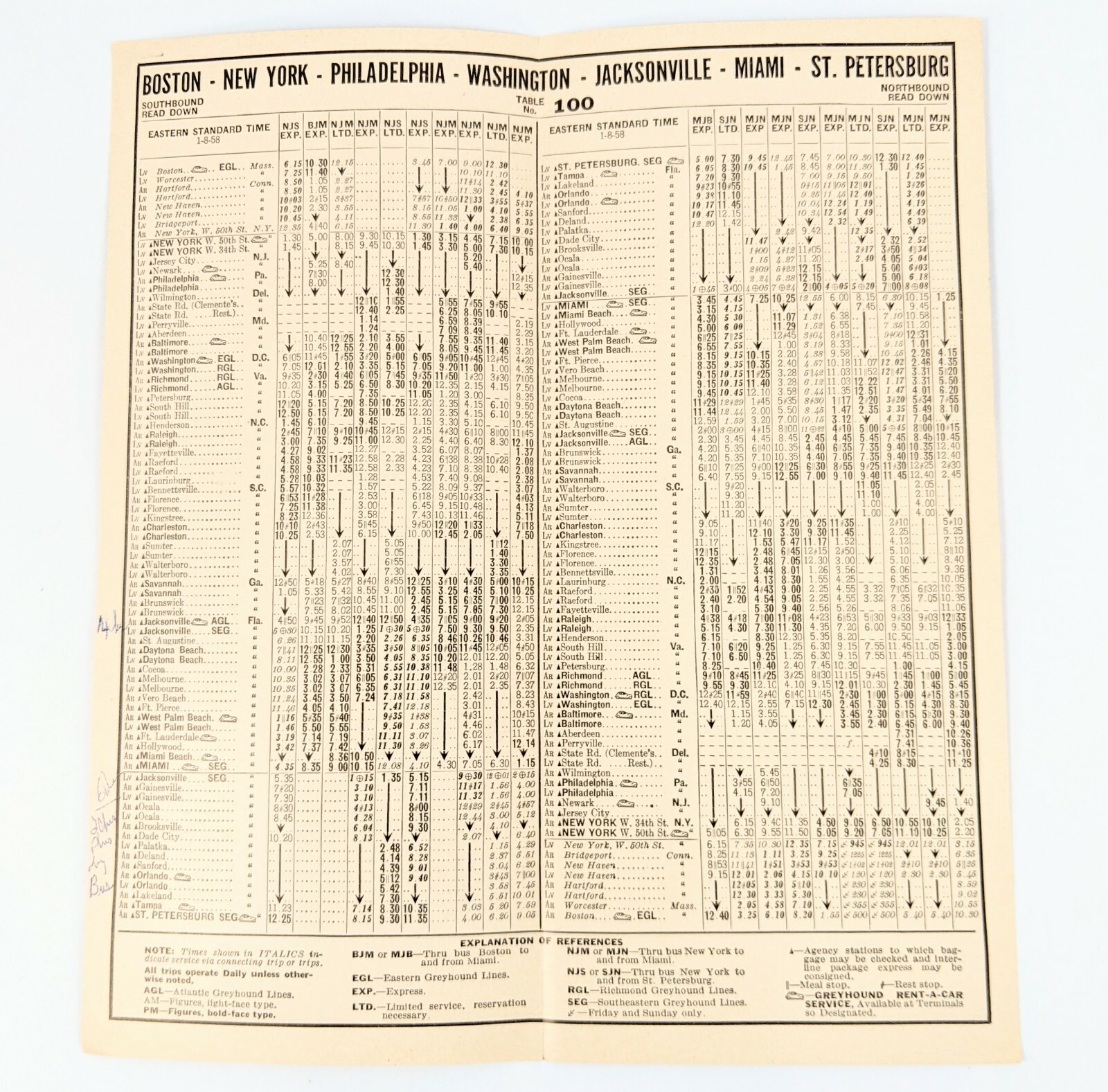 Greyhound Scenicruiser New York Florida 100 Time Table Brochure 1958