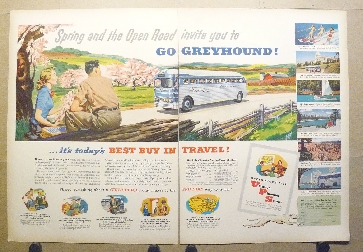 1952 Greyhound Bus 2-page Print Ad Picnic Spring Landscape Highway Traveler Art