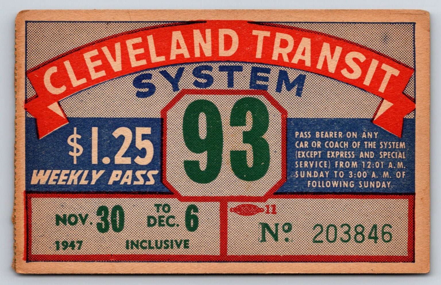Cleveland Transit System 1947 Weekly Pass Vintage Ticket (#36)
