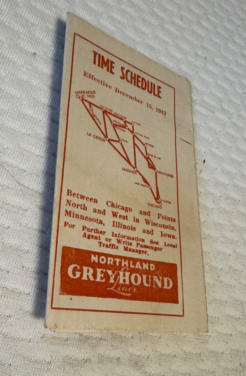 Rare 1943 Northland Greyhound Lines Time Schedules WI MN IL IA