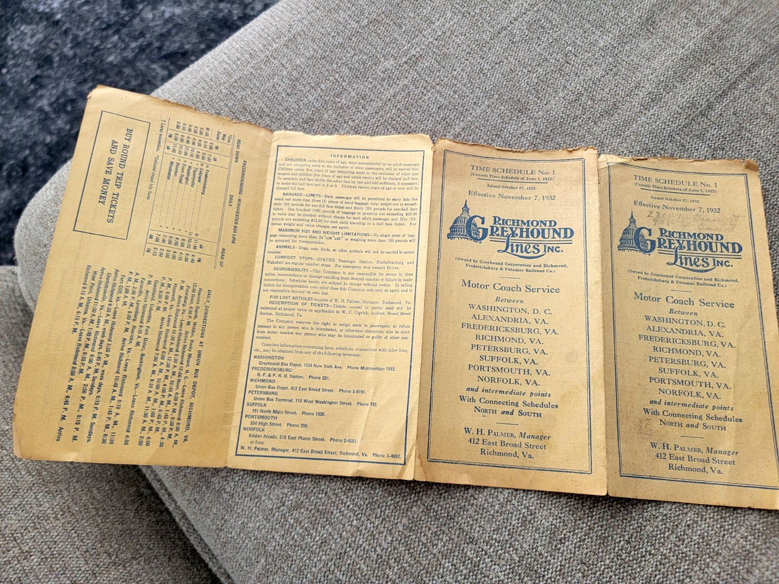 Richmond VA Greyhound Lines 1932 Motor Coach Service Time Schedule No. 1