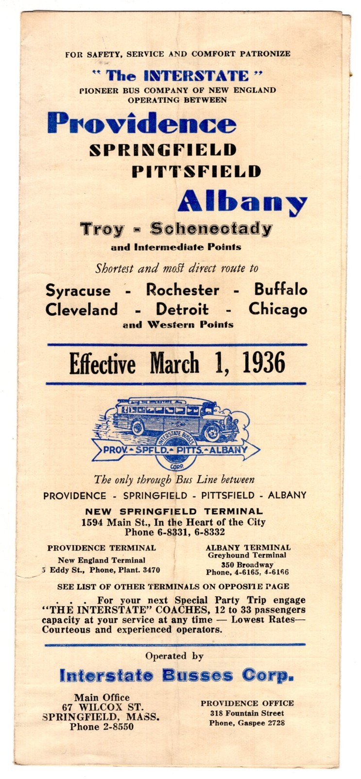 1936 Bus Schedule Timetable Map Interstate Busses Providence Springfield Albany
