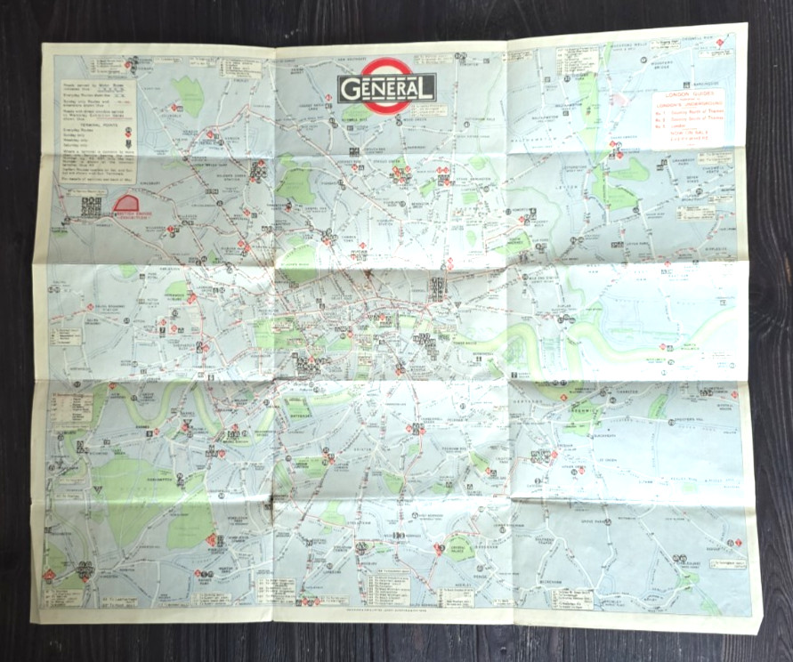 Vintage 1925 Map of General London Underground Bus Routes No 7 Map