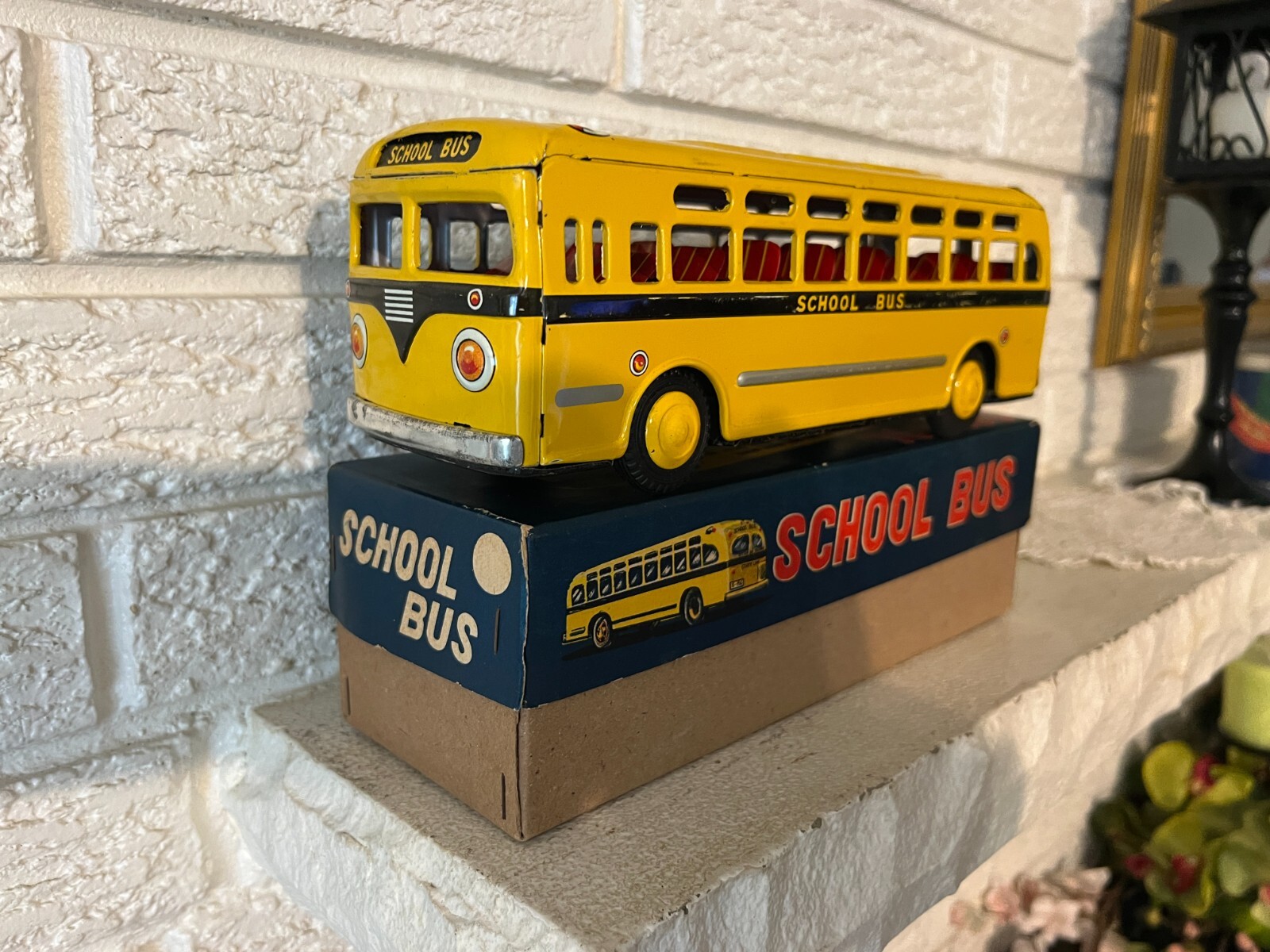 Excellent Antique KTS Tatsuya Tin Friction Toy School Bus in Original Box