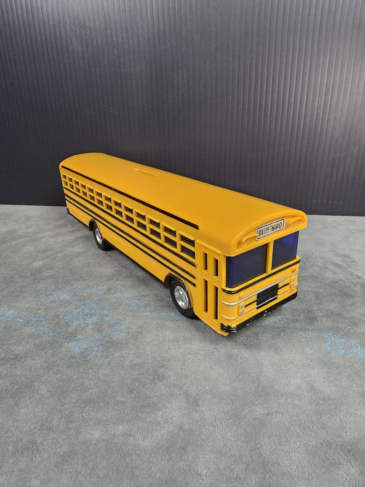 Vtg Yellow Blue Bird School Bus Jimson No. 330 Coin Bank Plastic 10” w/ Plug A-1