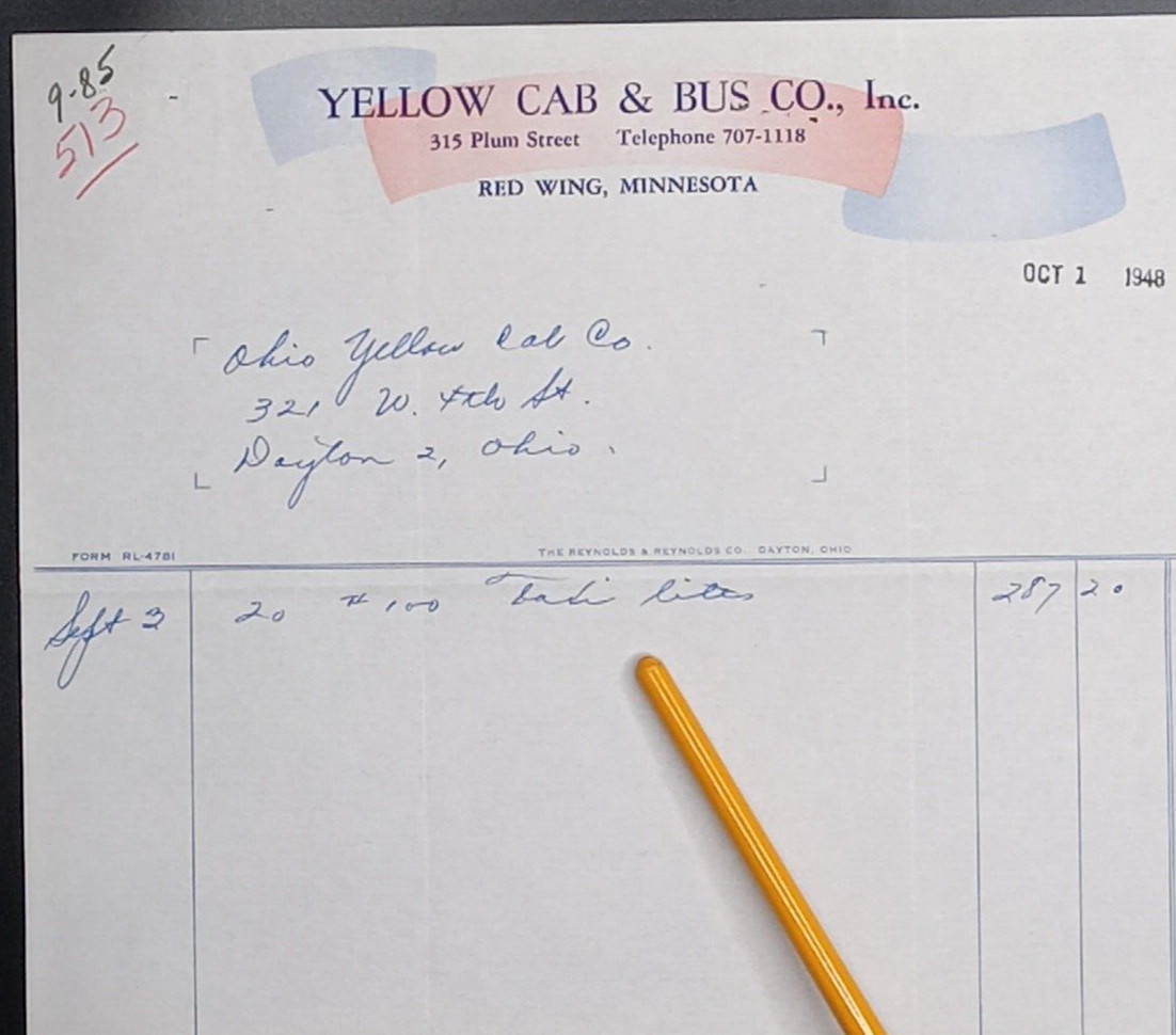 Red Wing Minnesota Yellow Cab Bus Co. Letterhead Bill “Taxi Lites” Vintage 1948