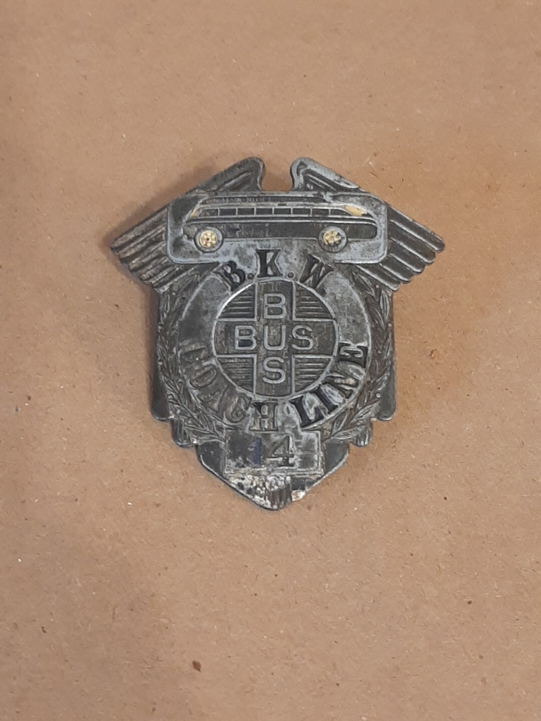 Badge Shield Pinback Hat Pin B.K.W. Bus Coach Line 14 Bus Transportation Driver