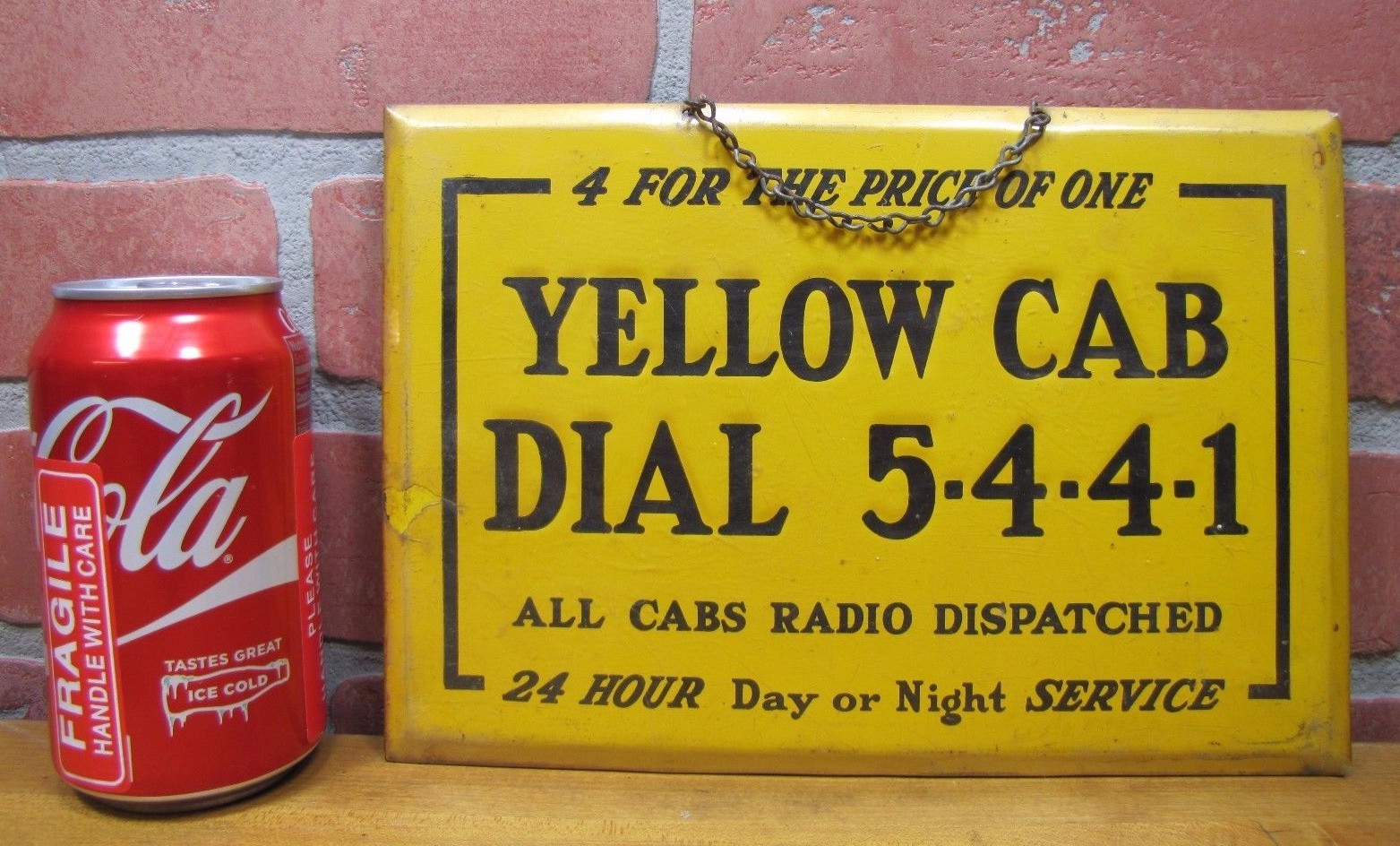 YELLOW CAB Old Ad Sign ALL CABS RADIO DISPATCHED 24 HOUR DAY or NIGHT SERVICE