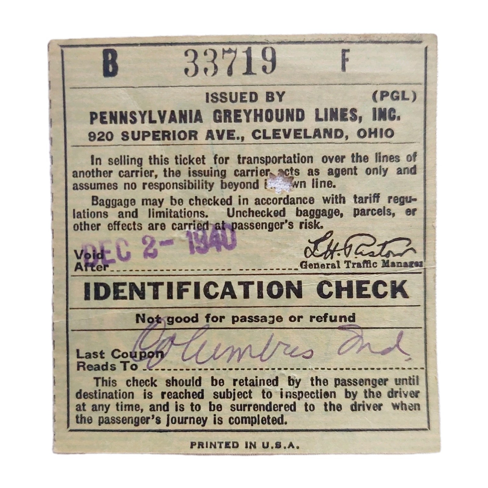 Greyhound Lines Bus Baggage Paper Ticket PA 1940 (p1b)