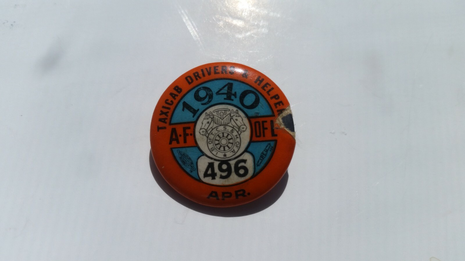 Taxicab & Drivers & helpers Union Pinback Button A.F. of L. local 496 1940