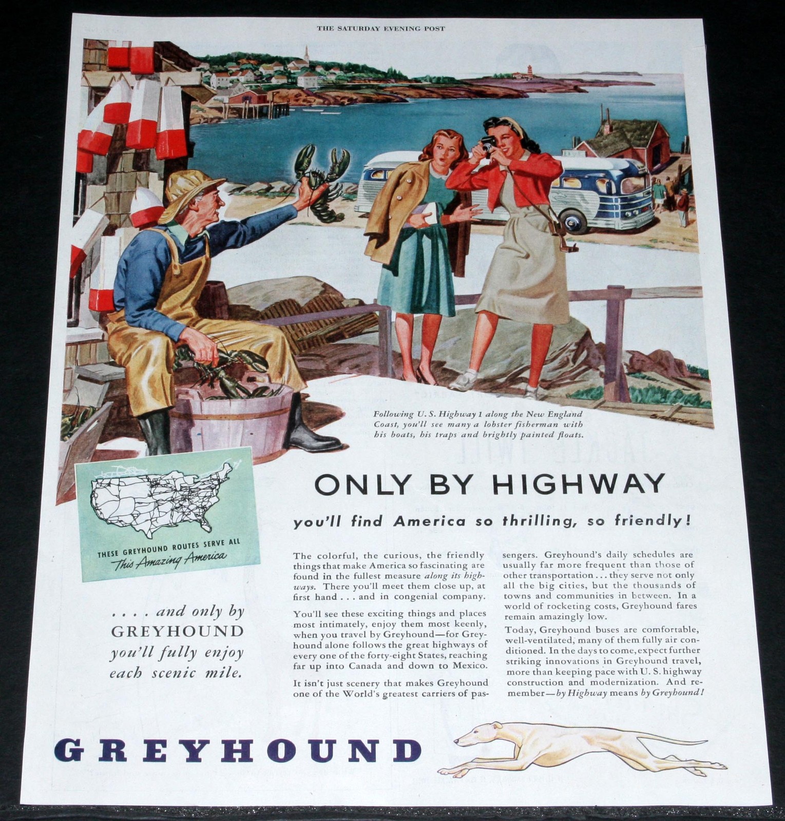 1946 OLD MAGAZINE PRINT AD, GREYHOUND BUS LINES SERVE, NEW ENGLAND COAST ART!