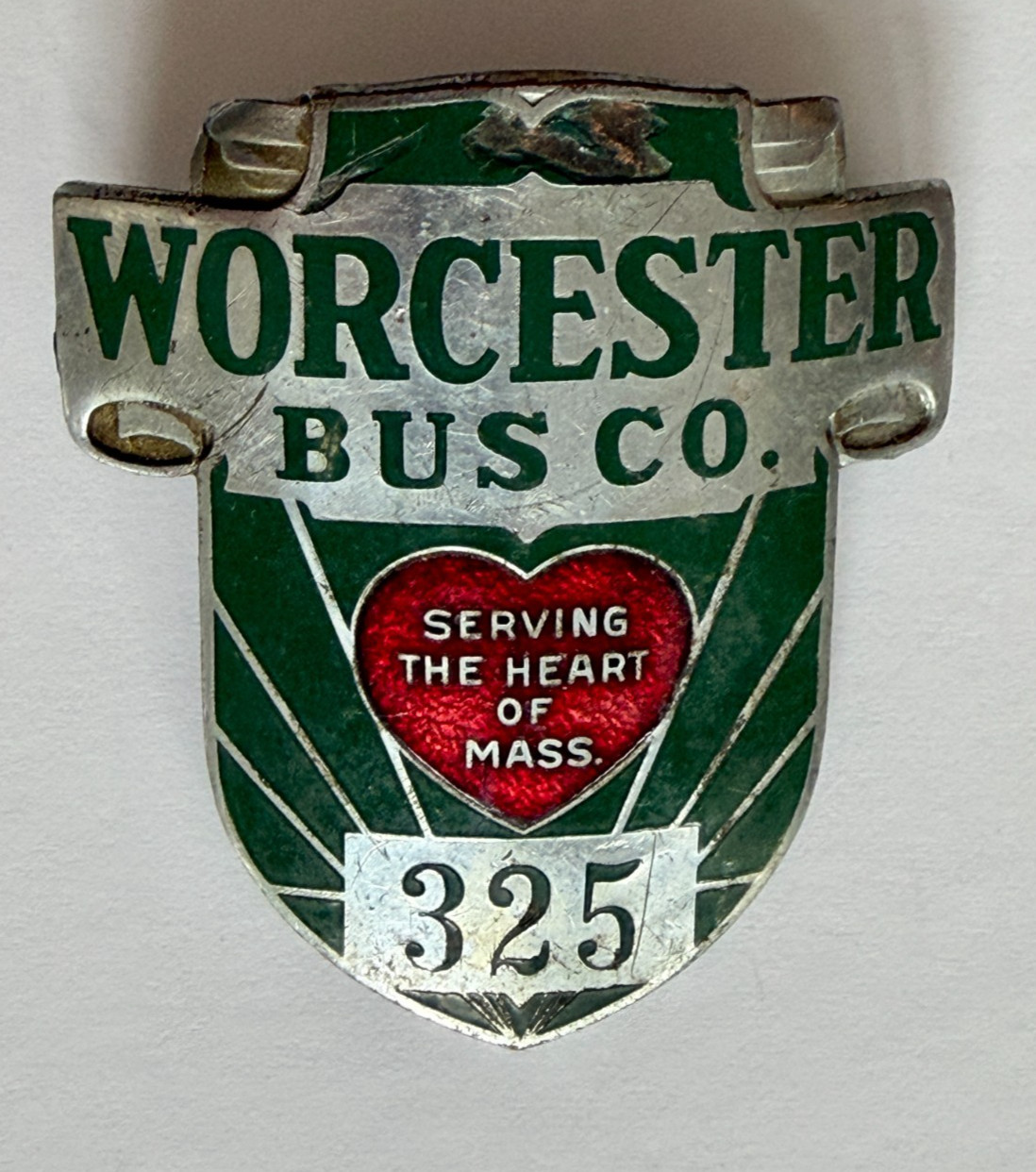 Vintage Worcester Bus Co Driver Badge 325 Cloisonne Shield Heart of Mass
