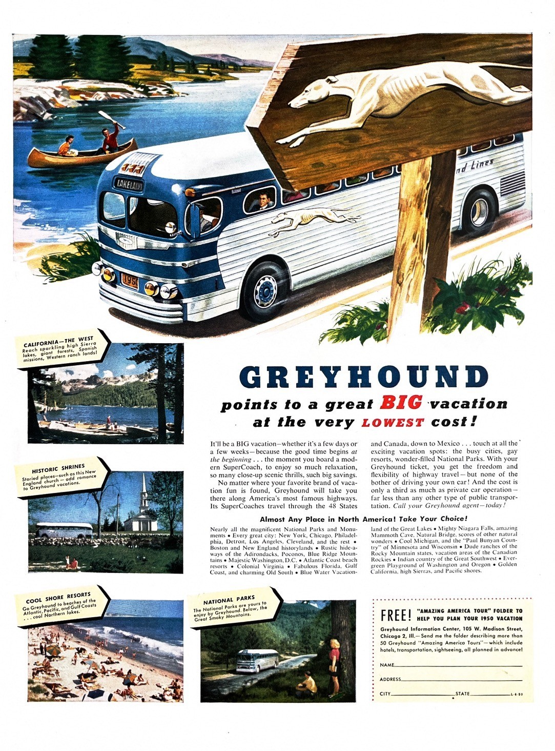 1950 GREYHOUND BUS Genuine Vintage Print Ad Travel Tourism Americana