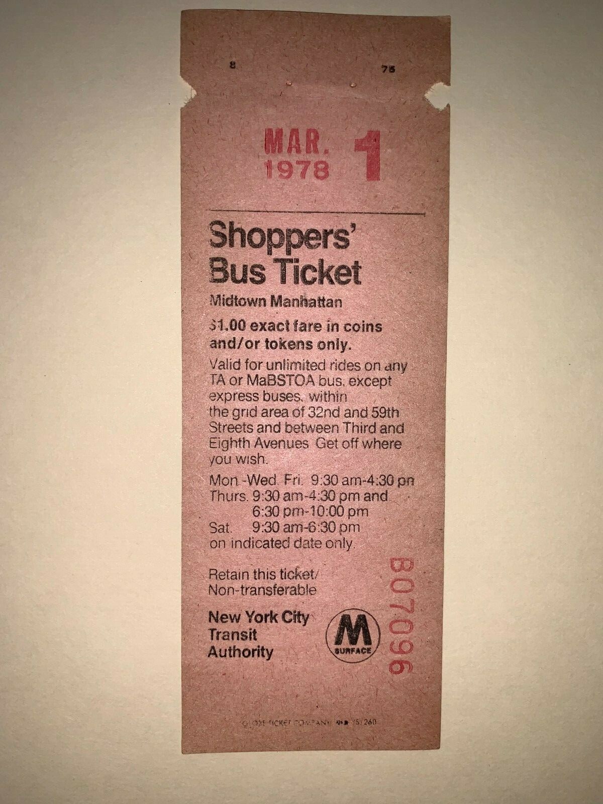 NY NYC BUS TRANSFER 1978 SHOPPERS TICKET MANHATTAN MABSTOA 3rd 8th AVE 32nd-59th