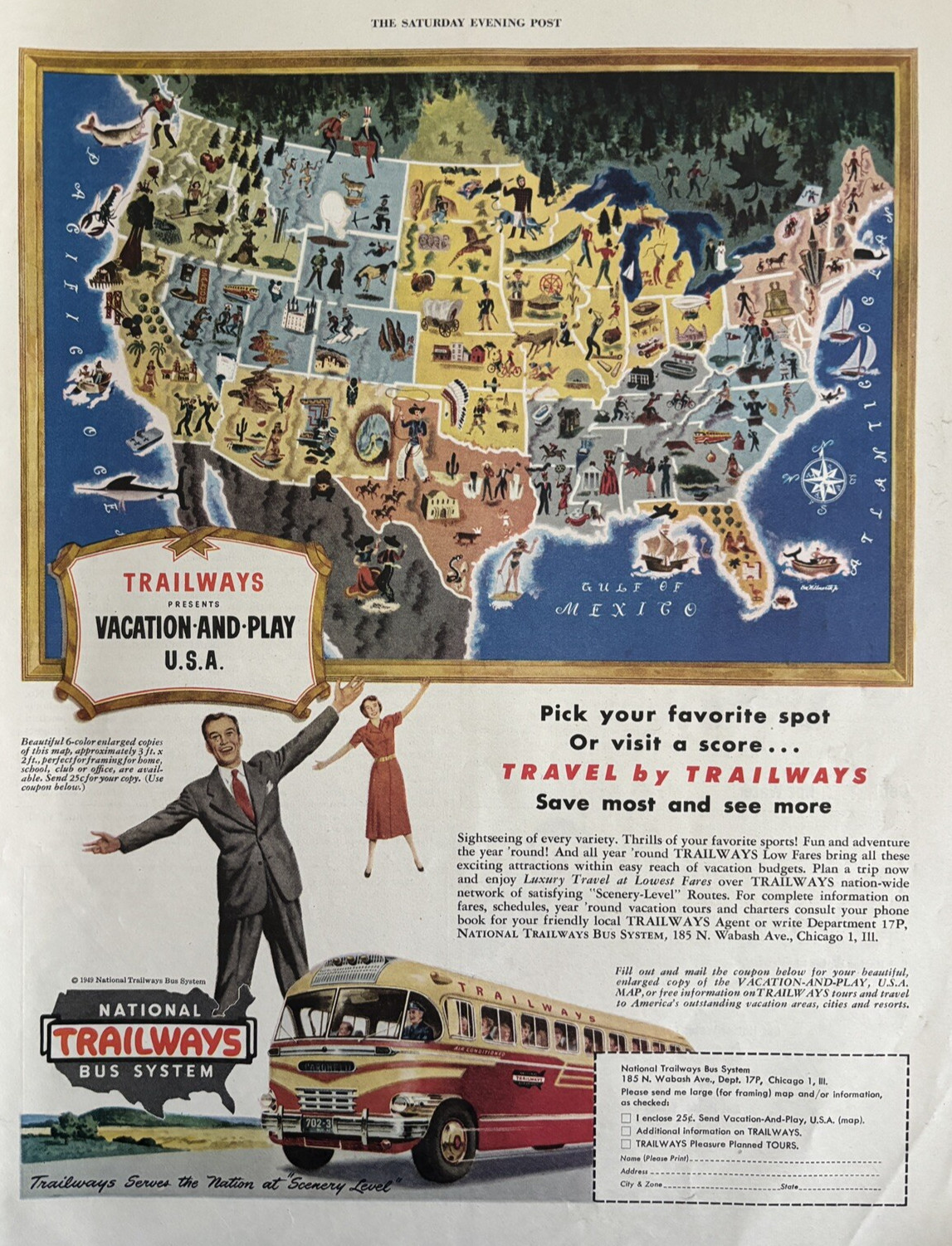 1949 National Trailways Bus System Vacation Play Map Travel Vintage Print Ad