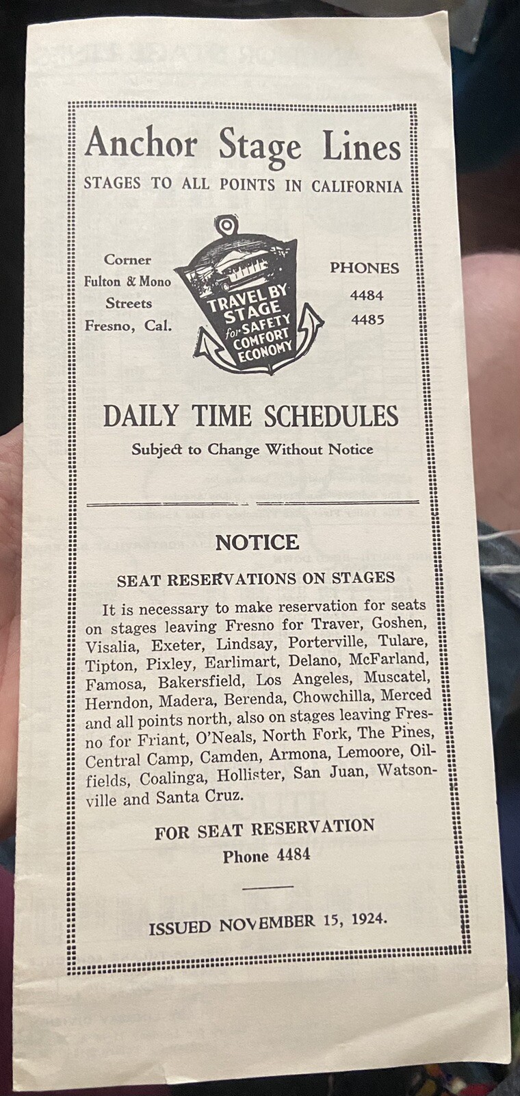 Scarce Nov. 1924 ANCHOR STAGE LINES Bus Service FRESNO, California Schedule MAP