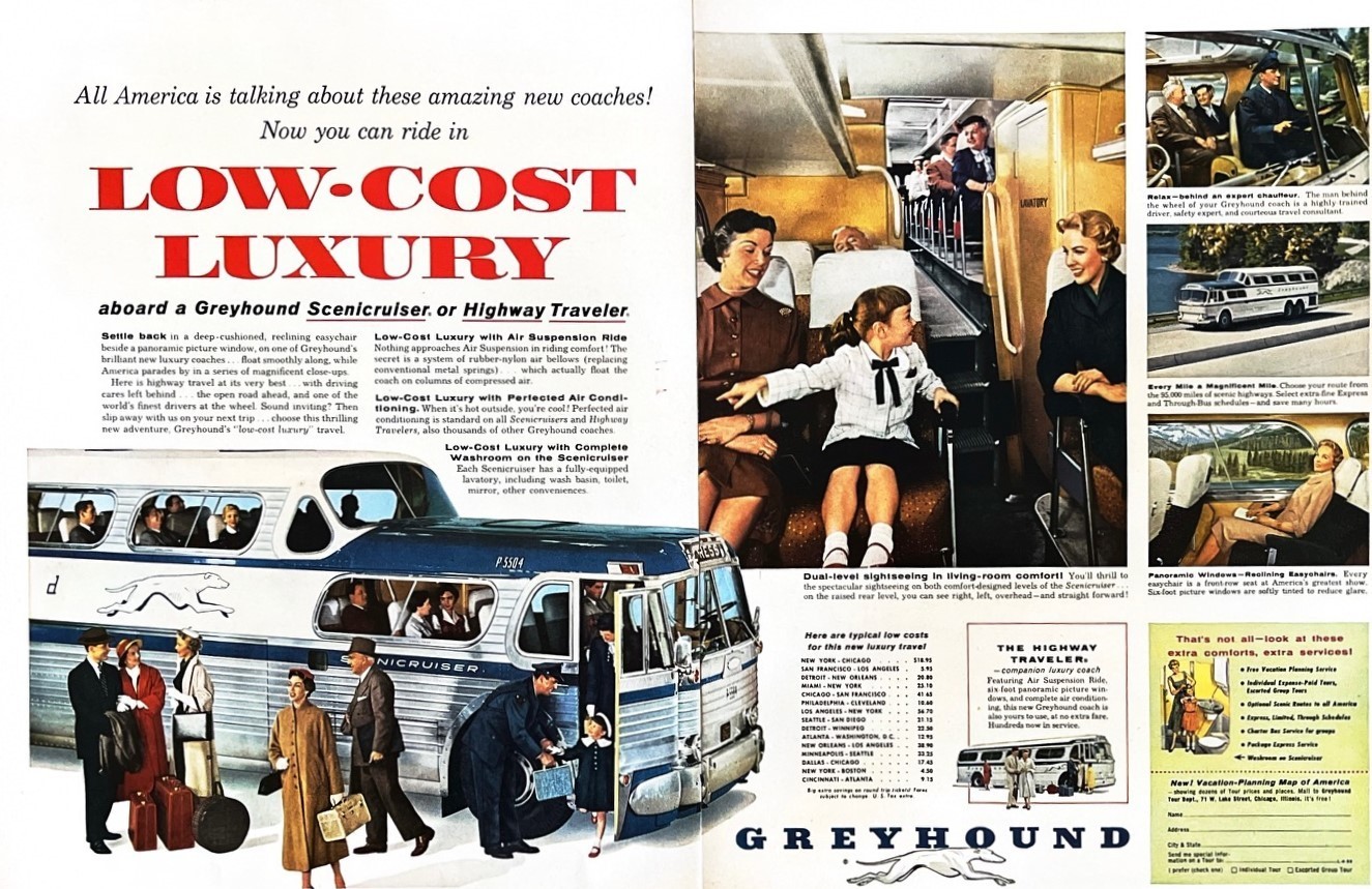 1955 GREYHOUND BUS Genuine Vintage 2-PAGE PRINT AD Tourism Americana 13″ x 20″