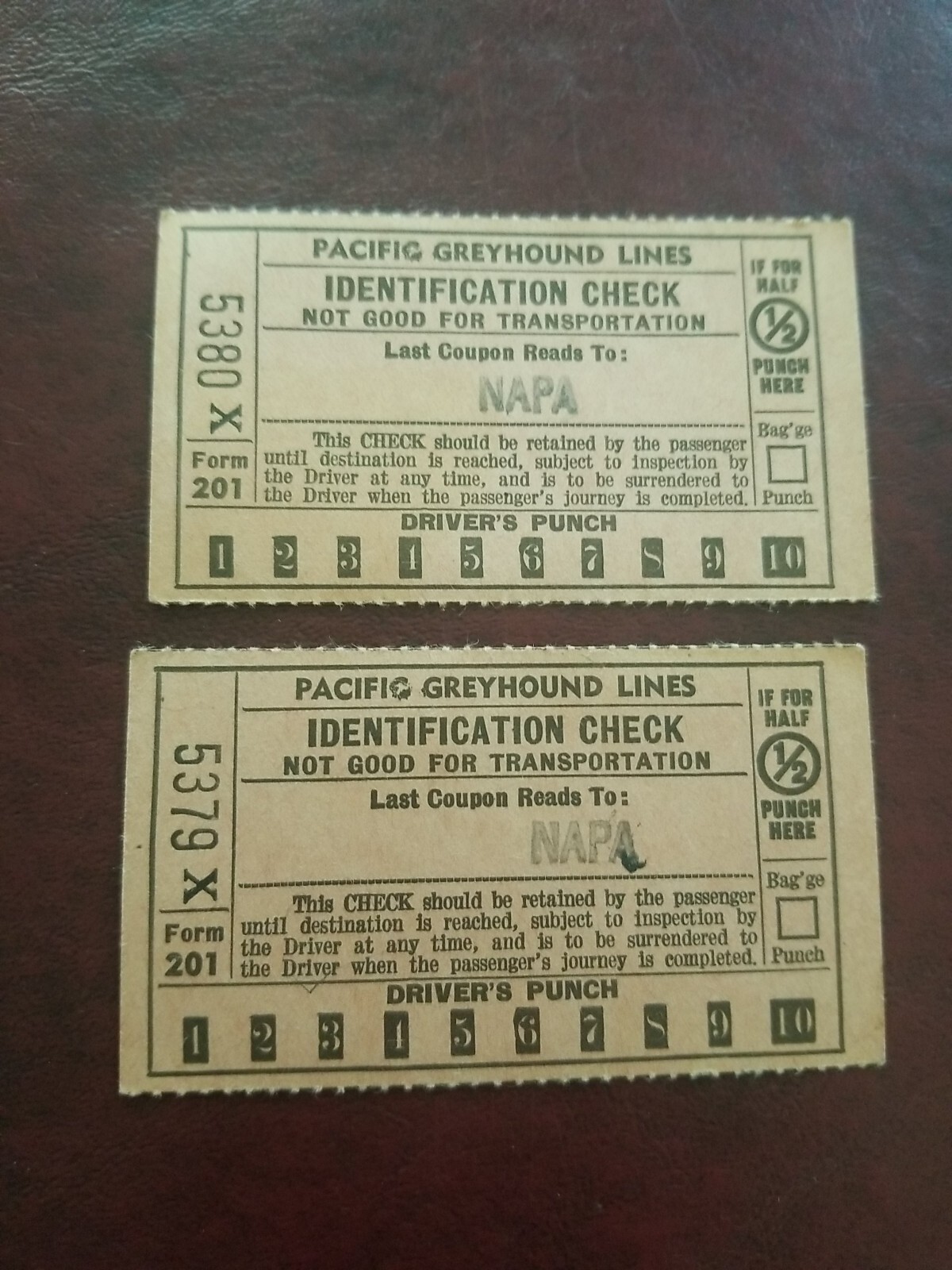 Vintage 1942 Lot of 2 – Pacific Greyhound Lines – BUS TICKETS – NAPA