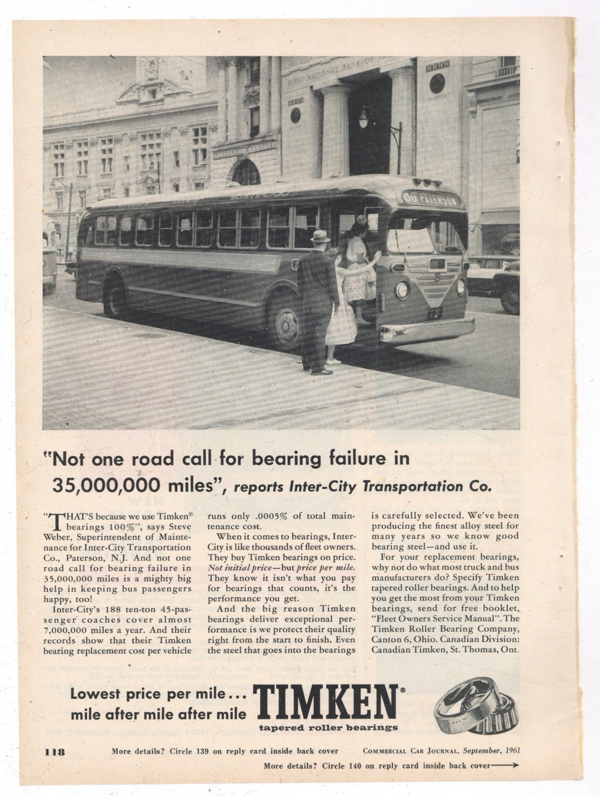 1961 Timken Bearings Ad: Inter-City Transportation of Paterson, New Jersey Bus