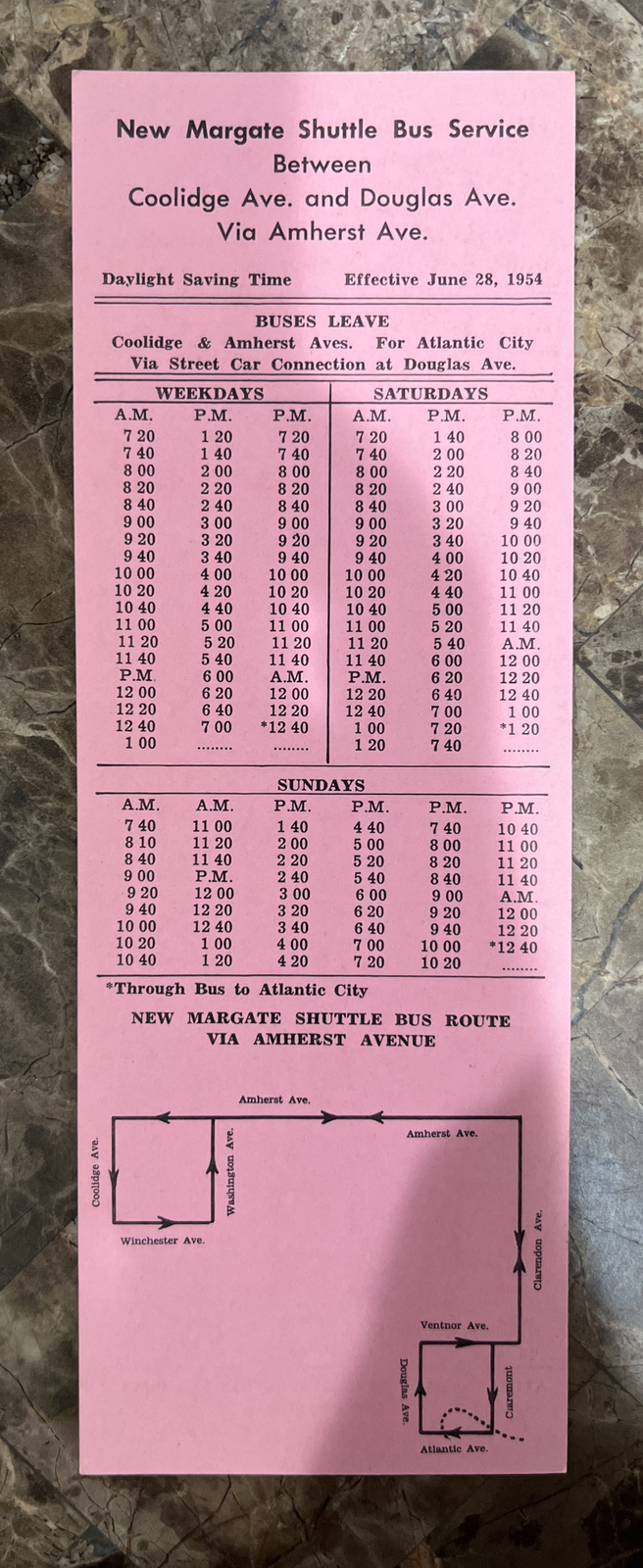 June 28, 1954 Atlantic City Transportation Company Margate Shuttle Bus Schedule