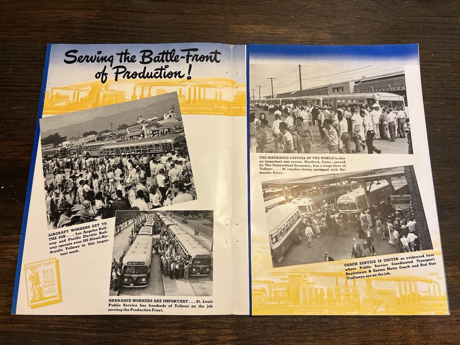 1940’s YELLOW COACH WAR TIME WW2 BUS Colorful Promotional BROCHURE Illustrated