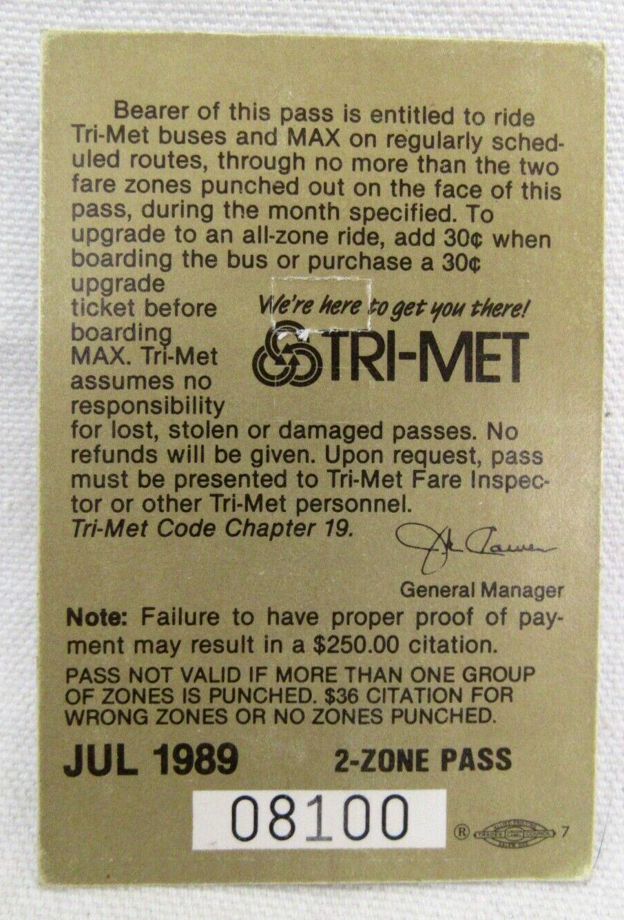 Vintage Tri-Met Bus & Max Light Rail July 1989 Monthly Pass Portland Oregon OR