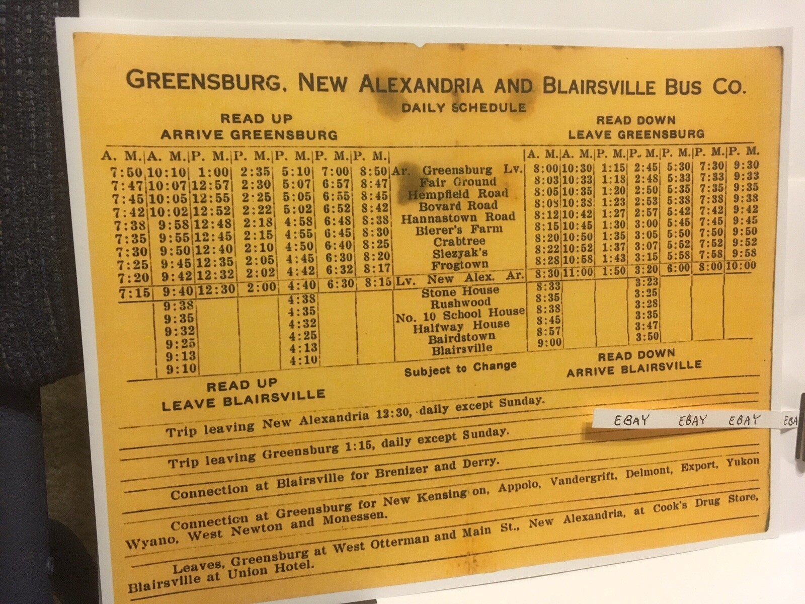 1920 Greensburg New Alexandria Blairsville Bus Schedule Crabtree Hannastown Fair