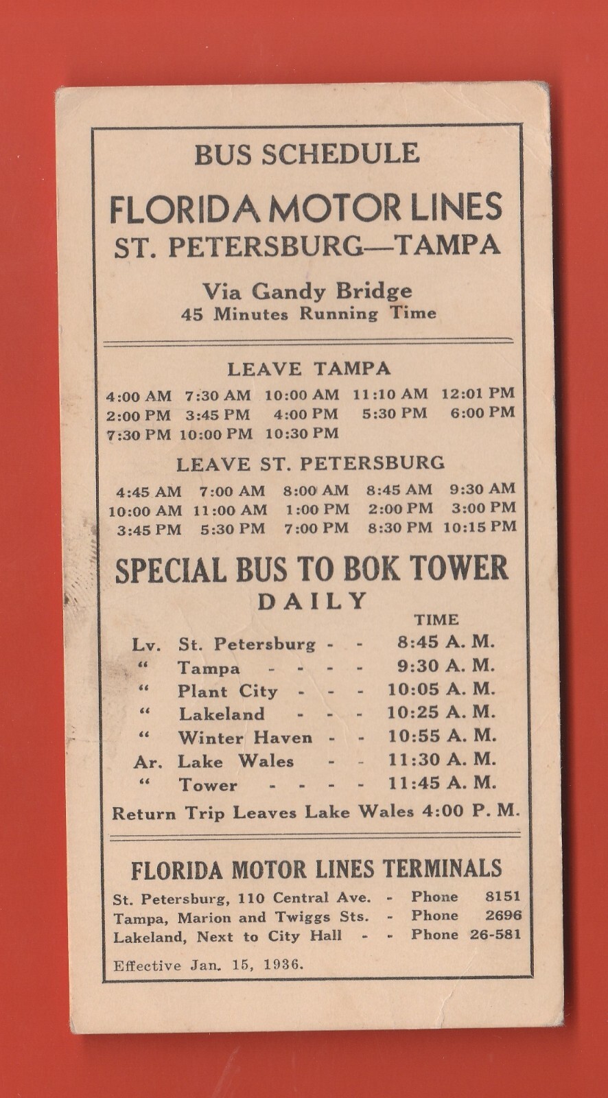 VINTAGE 1936 FLORIDA MOTOR LINES ST. PETERSBURG TAMPA BUS SCHEDULE
