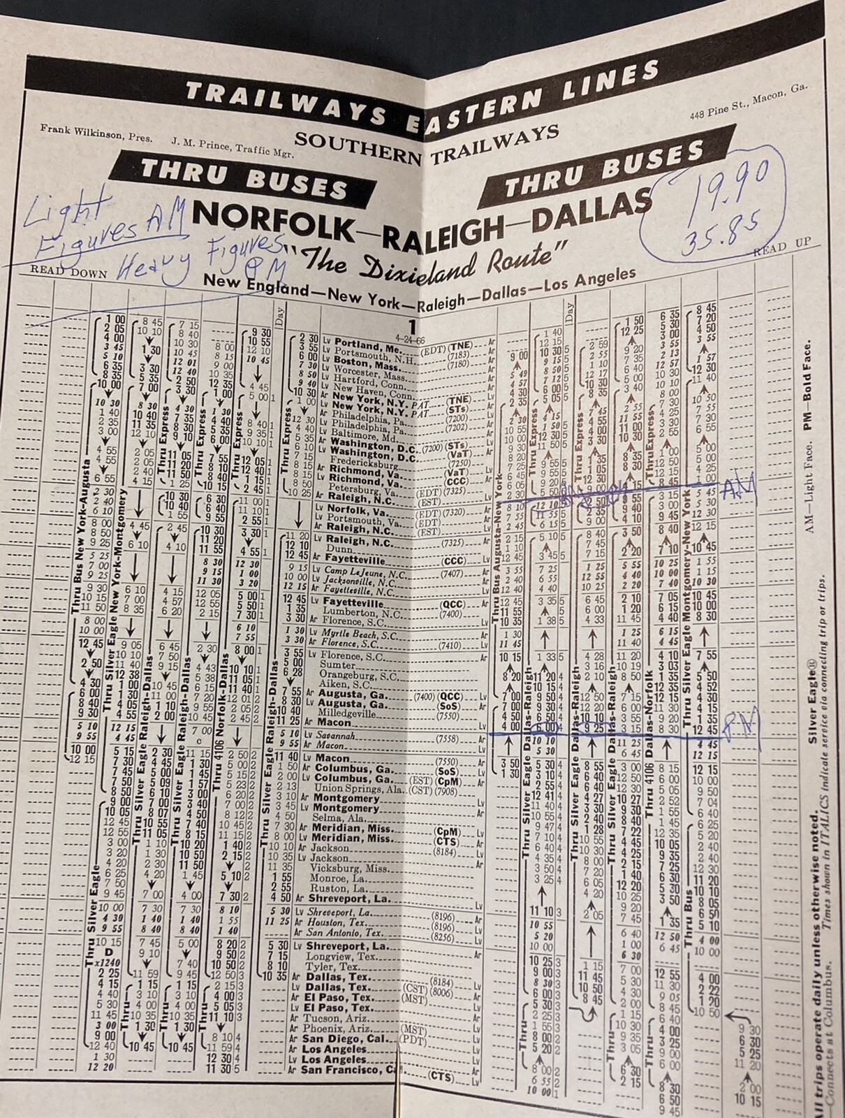1966 Trailways Bus Time Tables Atlantic Trailways & Southern Trailways Pamphlet