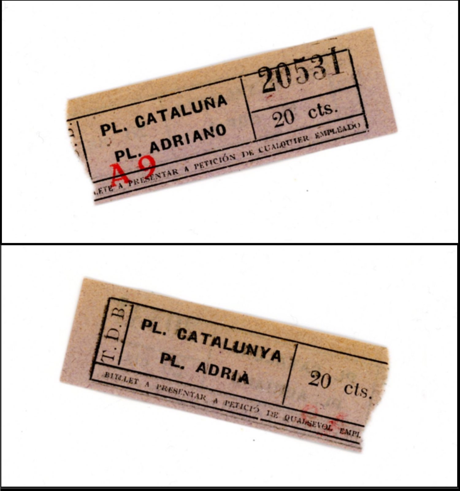 1969 Barcelona, Spain T.D.B. Transit Ticket-Pl. Catalura/Pl. Adriano