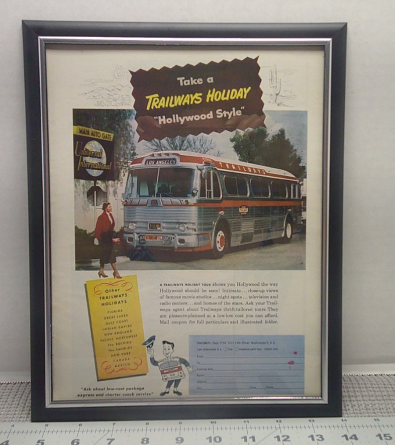 Vtg 1954 Print Ad in Frame Trailways Holiday Bus Transportation advertising Art