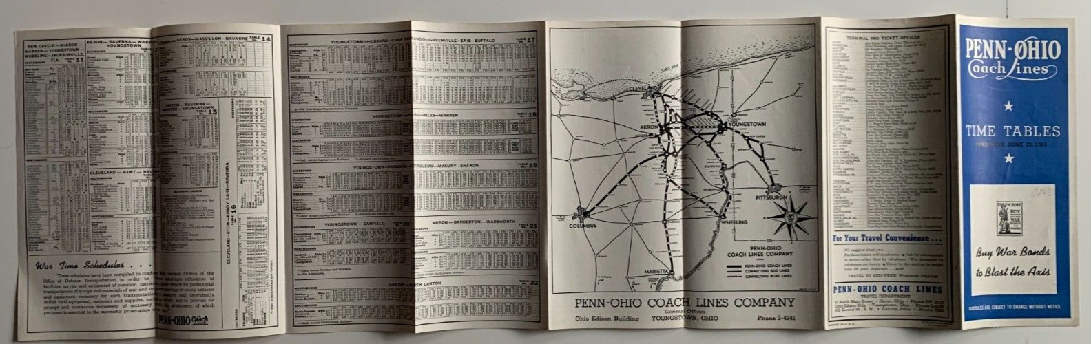 Vintage 1943 Penn-Ohio Coach Lines Timetable Brochure Bus Motor Pennsylvania WW2