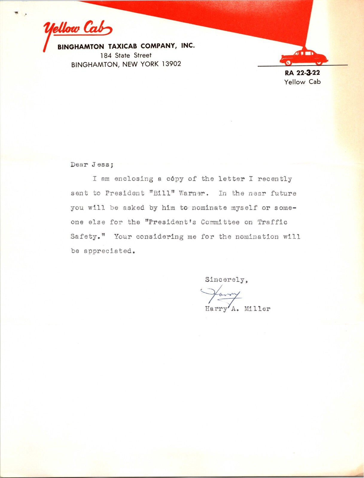 Binghamton NY Yellow Cab Taxicab Company Letterhead Vintage 1950’s?