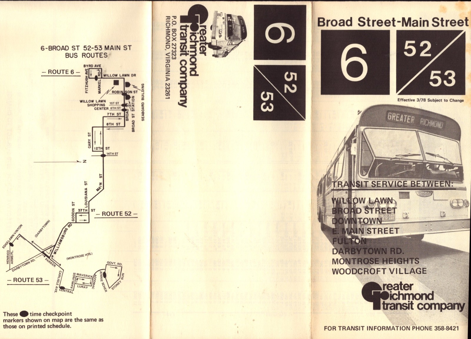 1978 Greater Richmond Transit Bus Timetable Route 6 52 53 Broad Main St