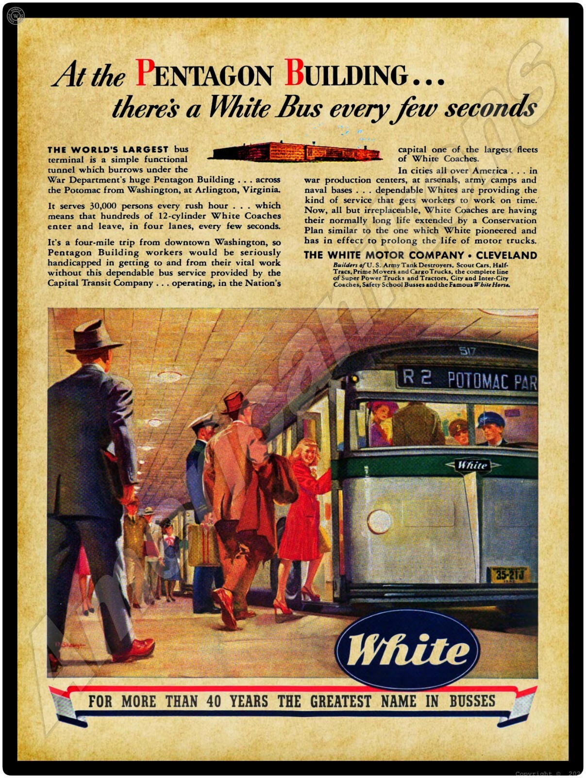 1943 White Buses New Metal Sign: Bus Terminal – Pentagon Bldg., Arlington, VA