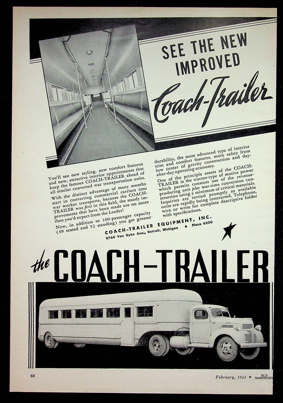 1943 Coach Trailer WWII Bus Advertising Wartime Ad 100-Passenger Bus Michigan