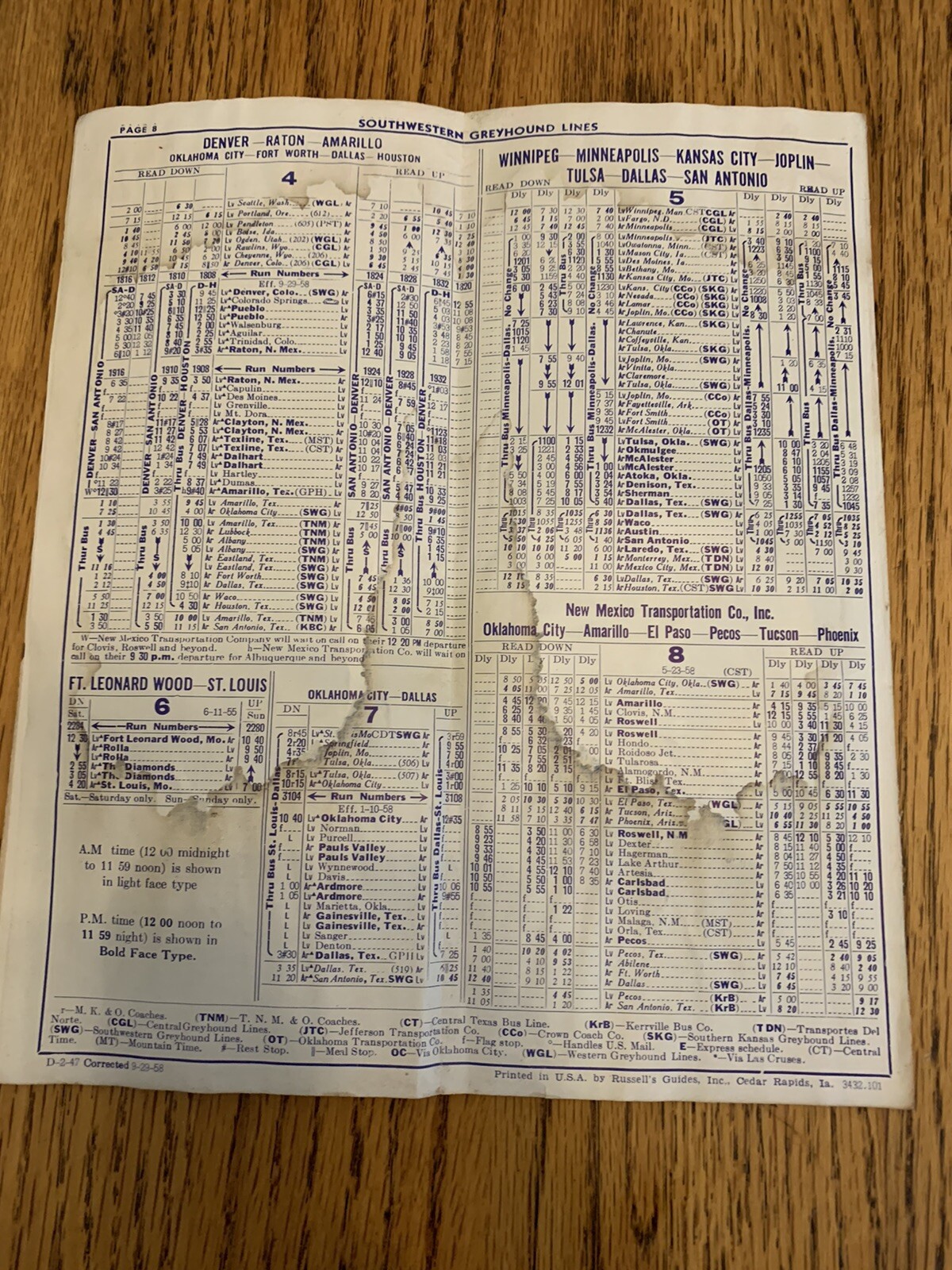 1958 Southwestern Greyhound Bus Time Tables Brochure Chart Map