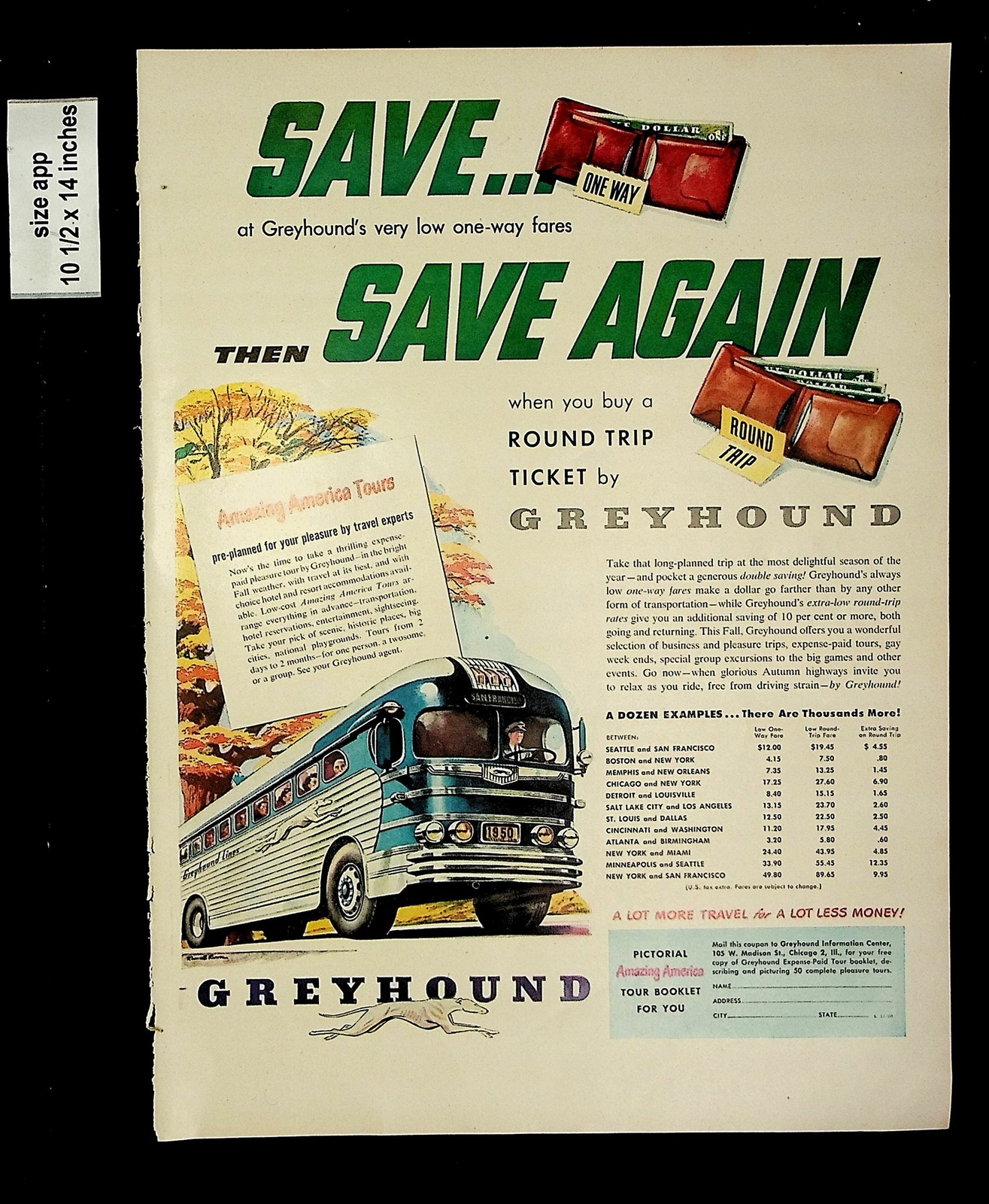 1950 Greyhound Bus Line Save Again Round Trip Ticket Vintage Print Ad 13004