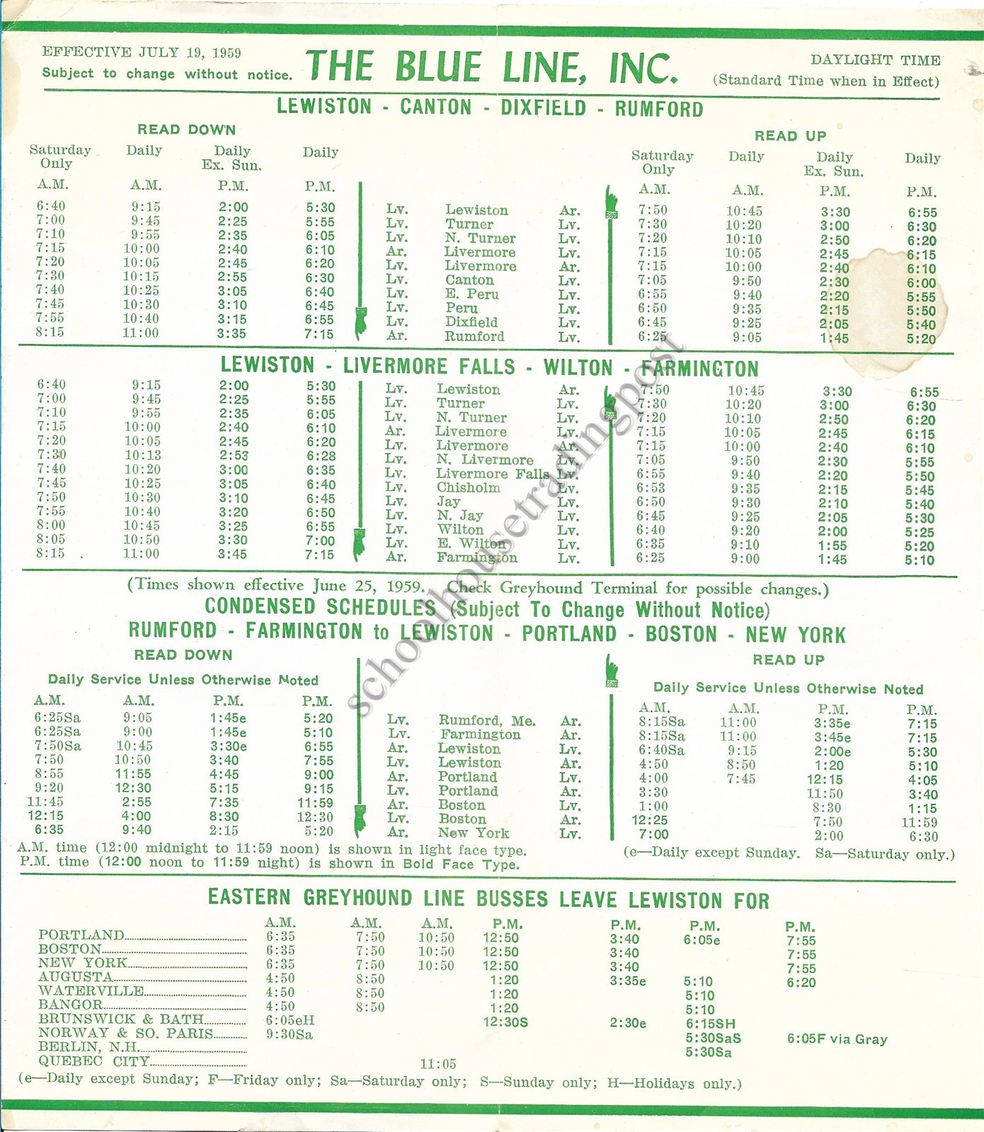 1959 The Blue Line Bus Schedule Timetable Lewiston Rumford Farmington Maine