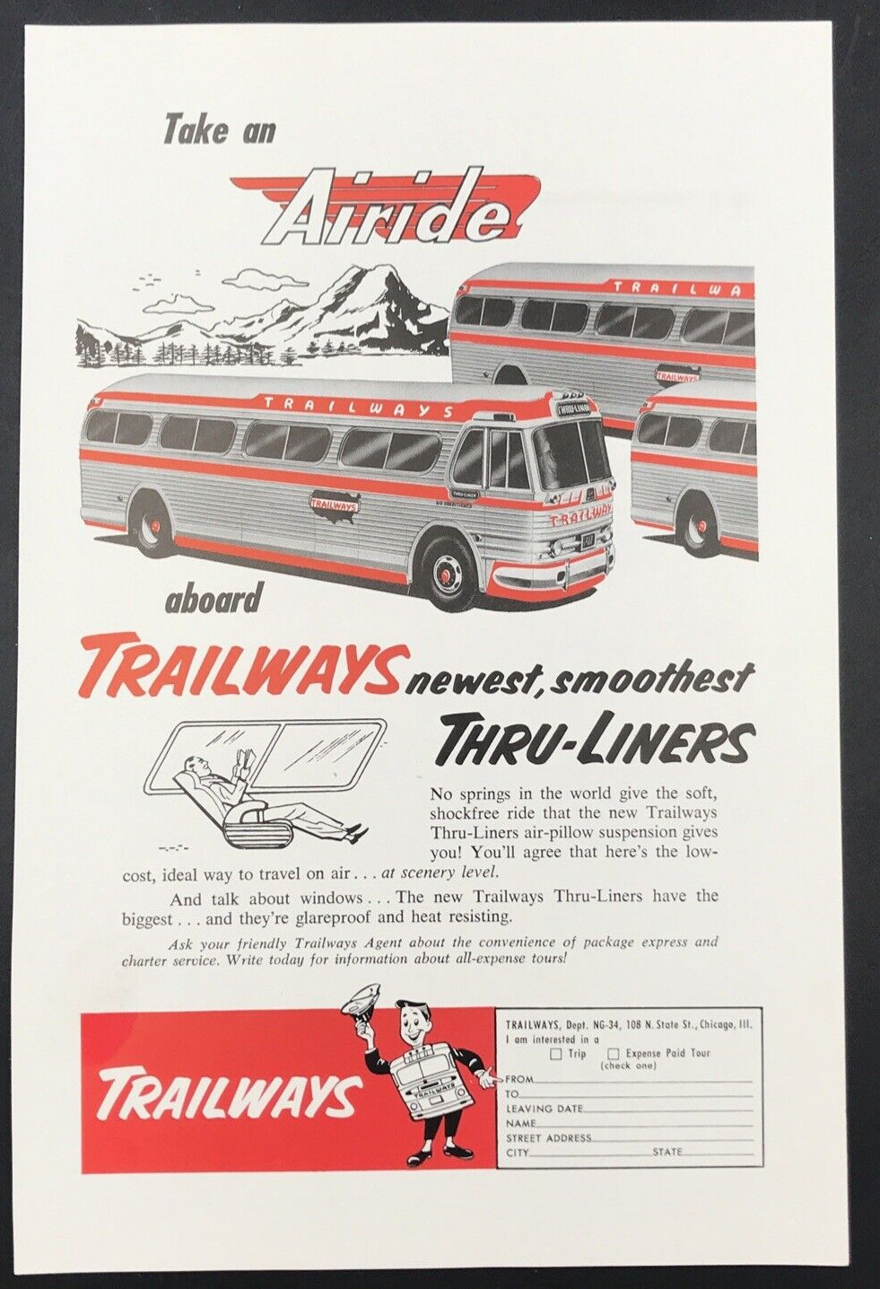 VTG 1954 Airide Trailways Bus Thru-Liners Print Ad Advertising 6.5″ x 10″