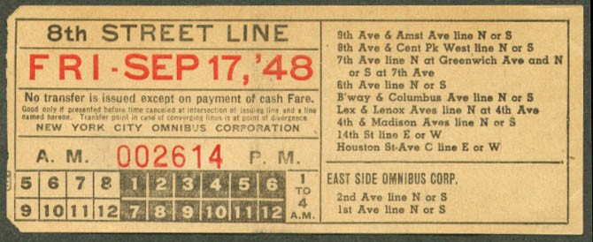 New York City Omnibus 8th St Line transfer 1948