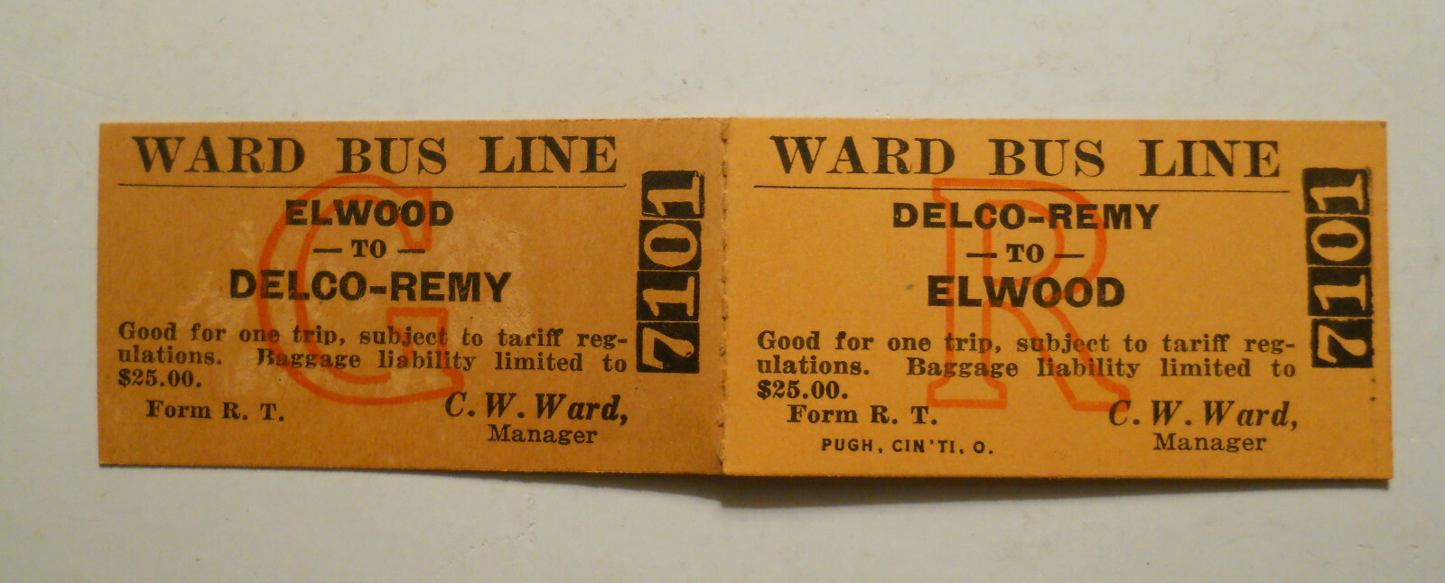 Unused Ward Bus Line (Elwood, Indiana) Elwood – Delco-Remy Round-Trip Ticket