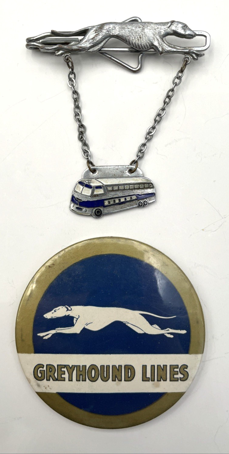 Vintage Greyhound Lines Bus Enamel Tie Bar Clip With Makeup Mirror