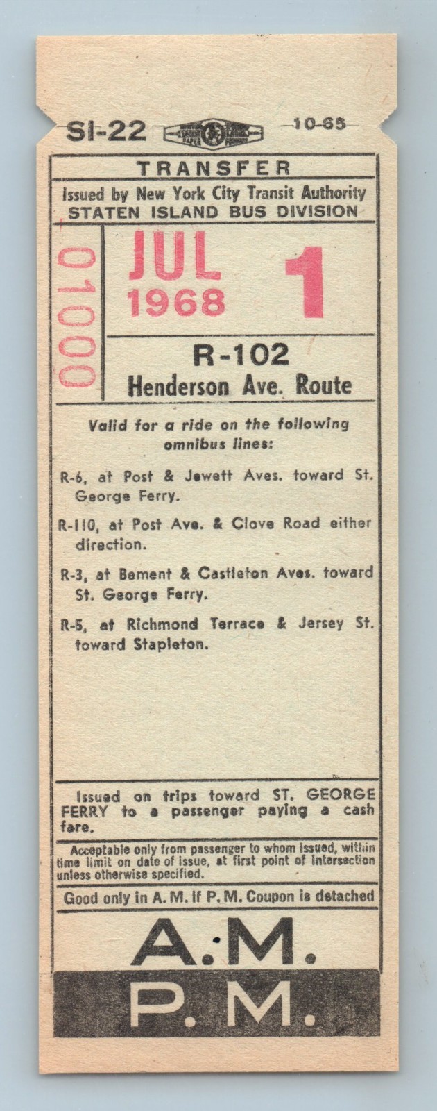 Bus Ticket NYCTA Staten Island R-102 Henderson Ave Route Jul 1 1968 SI-22