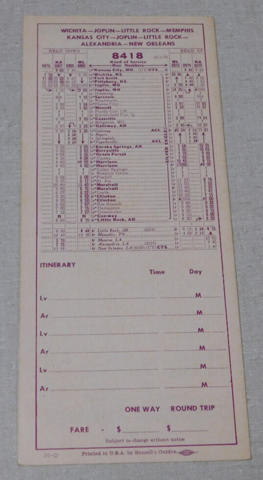 1970 Continental Trailways bus time table Chicago Omaha Kansas City Denver