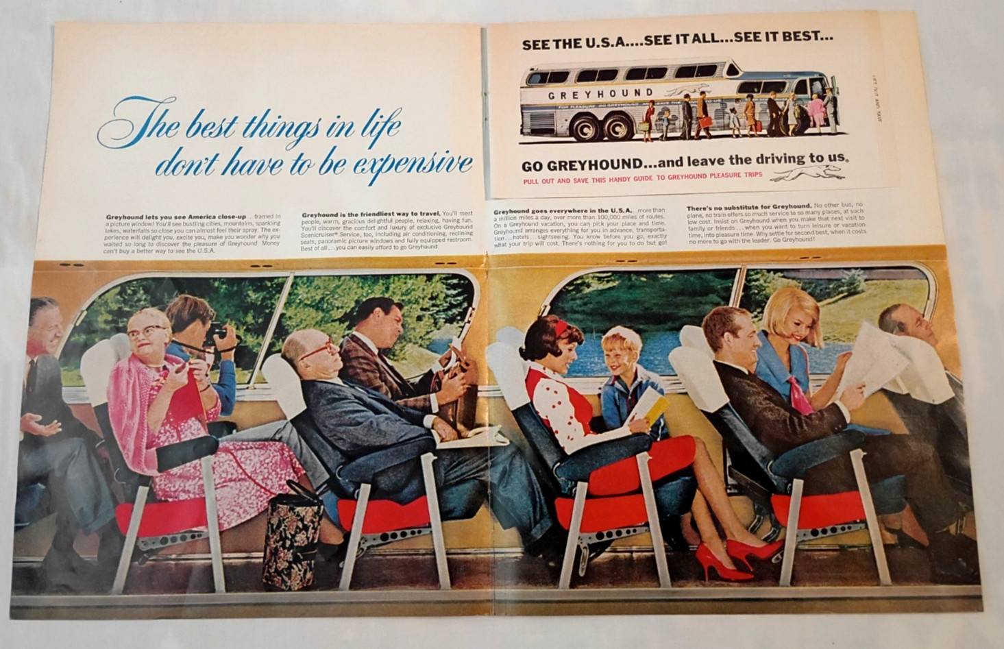 Vintage 1965 Greyhound Bus Print Ad Center Page Ad W/ Insert From Life Magazine