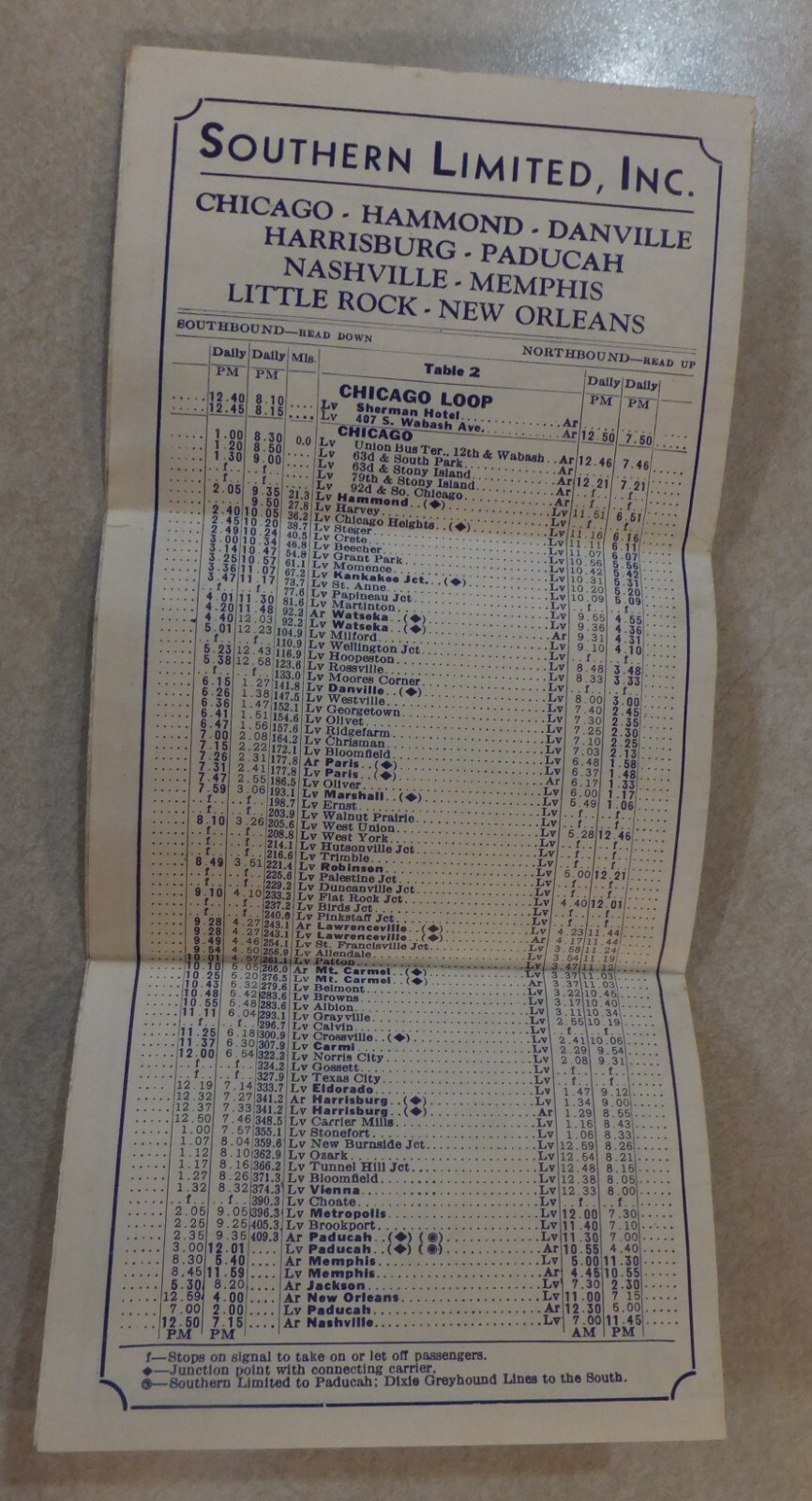 SOUTHERN LIMITED 1933 BUS TIME TABLES STATIONS & MAP CHICAGO & THE SOUTH