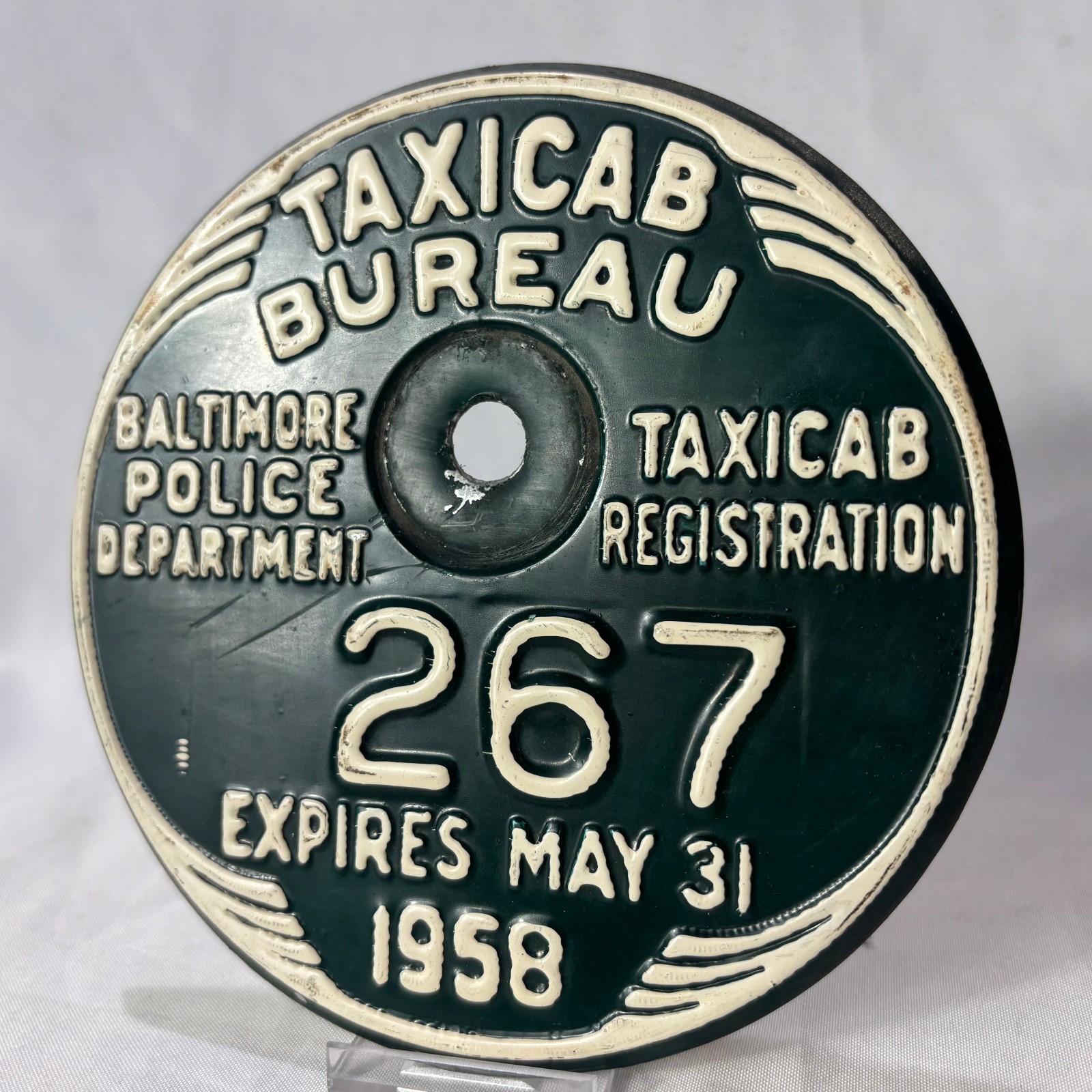1958 Baltimore Police Department Taxicab Bureau #267 Metal Registration Plate