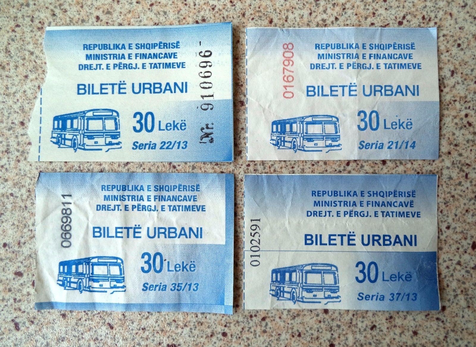 Collection of 4 different Urban Bus Tickets from Albania.