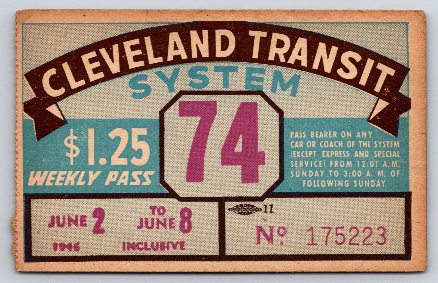 Cleveland Transit System 1946 Weekly Pass Vintage Transit Ticket (#13)